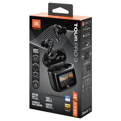 Verpackung der JBL Tour Pro 3 Ohrhörer mit Abbildungen der Ohrhörer und des Ladeetuis. Aufgeführte Funktionen umfassen Spatial 360, Hybrid Dual-Treiber, True ANC 2.0.