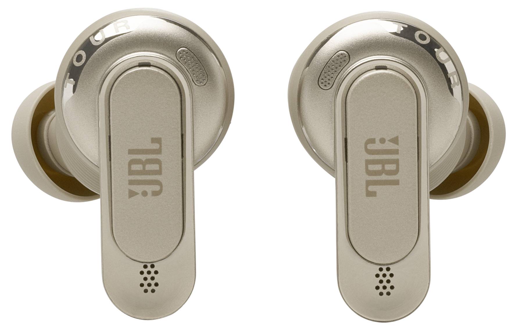 Beige kabellose Ohrhörer mit 'JBL' Logo auf jedem Hörer, mit In-Ear-Design und kompakter Form, präsentiert vor einem einfarbigen Hintergrund.