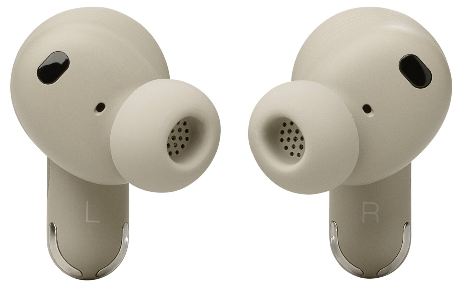 Ein Paar beige kabellose Ohrhörer, mit 'L' für links und 'R' für rechts gekennzeichnet, mit Silikonohreinsätzen, zum Audiohören konzipiert.