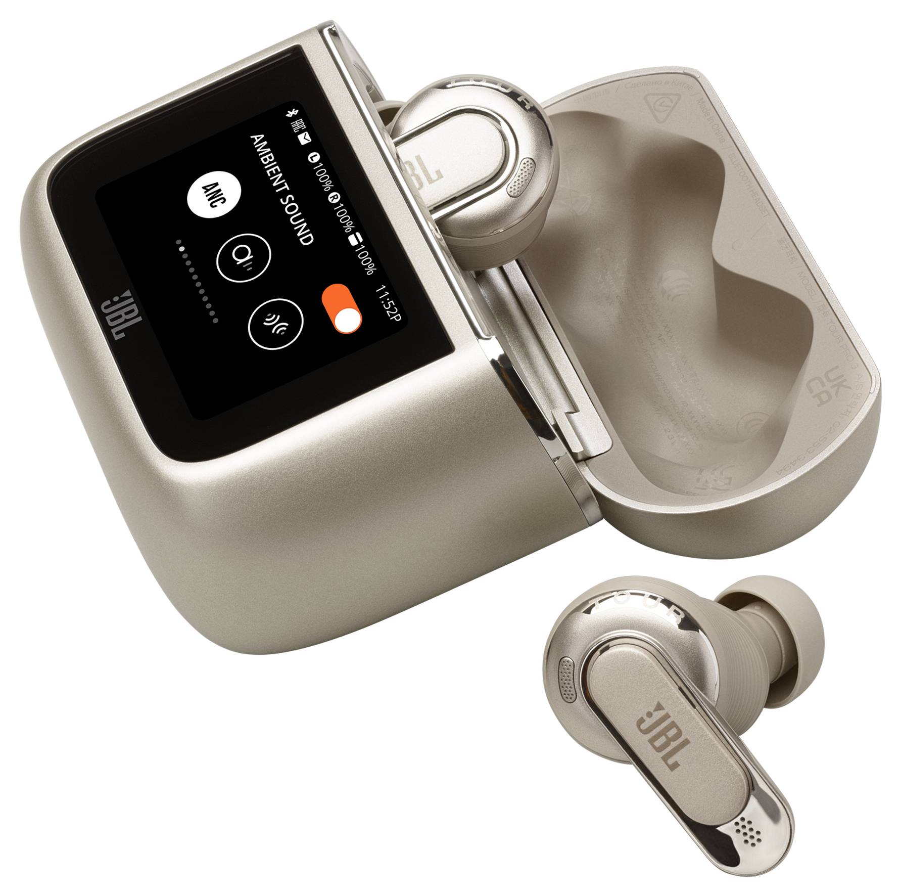 Silberne JBL drahtlose Kopfhörer mit einer Ladebox mit Touchscreen, die Einstellungen für Umgebungsgeräusche anzeigt.