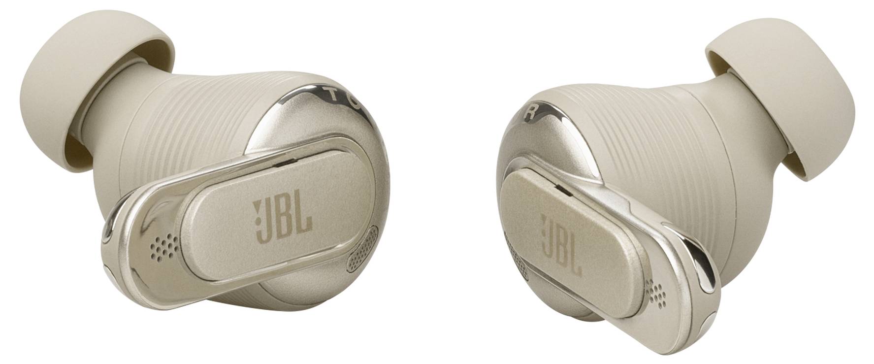 Beige-farbene JBL kabellose Ohrhörer mit metallischen Akzenten, die ein schlankes Design für die Verwendung im Ohr präsentieren.