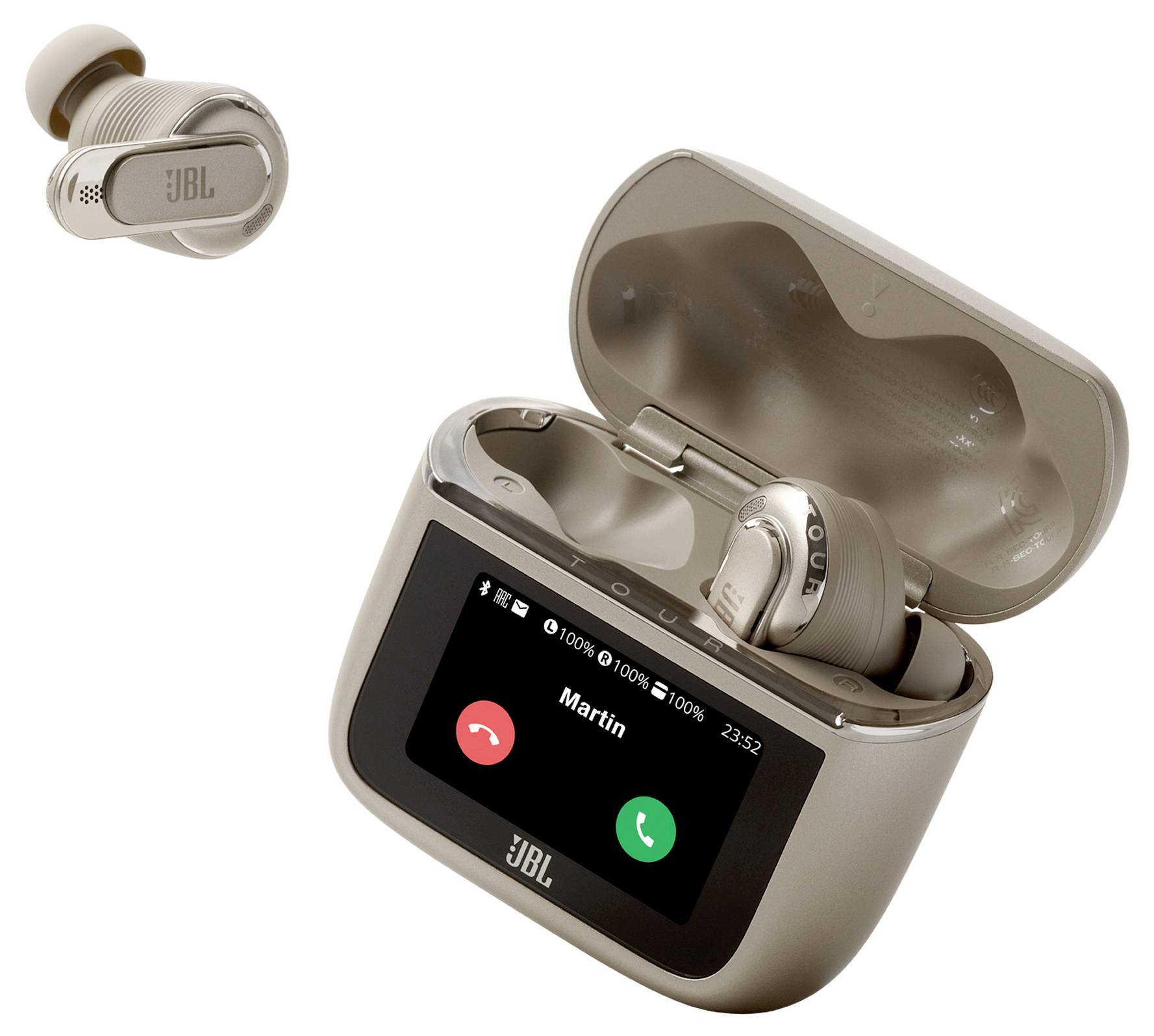 Kopfhörer mit Ladeetui, das einen Anruf von 'Martin' mit Annehmen- und Ablehnen-Optionen anzeigt. Ein Kopfhörer befindet sich außerhalb des Etuis.