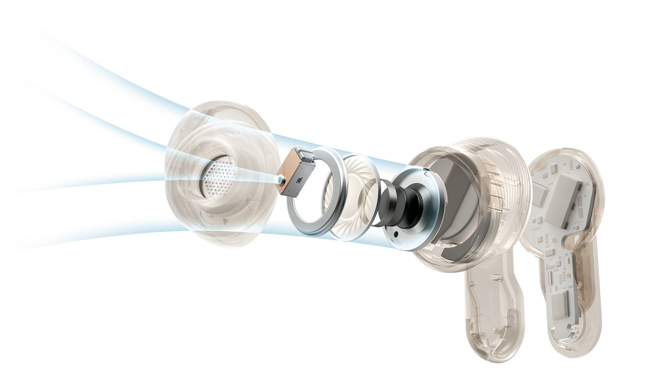 Explosionszeichnung eines drahtlosen Earbuds mit Darstellung der Innenkomponenten wie Lautsprecher, Mikrofon und Leiterplatte, mit Luftstromlinien.