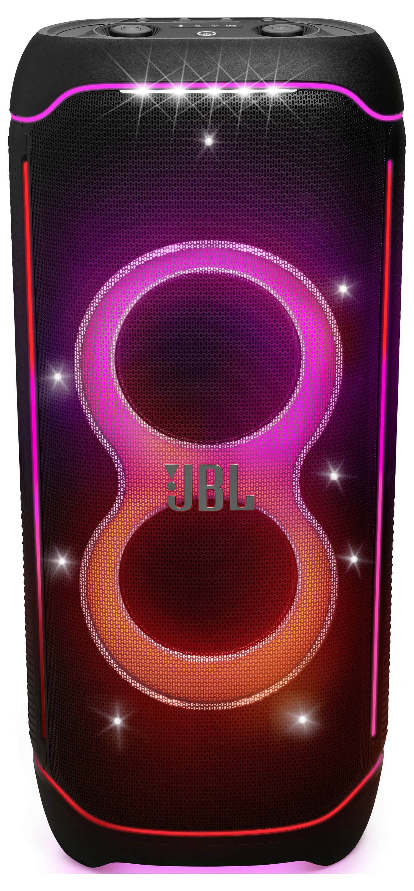 Ein hoher, zylindrischer Lautsprecher mit leuchtenden LED-Lichtern, die auf der Vorderseite eine '8' bilden, mit der Markenbezeichnung 'JBL', der in rosa und orangefarbenen Tönen leuchtet.
