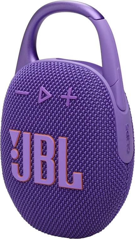 Ein violetter JBL Clip 3 Bluetooth-Lautsprecher mit Bedienelementen für Lautstärke, Wiedergabe und Pause. Er verfügt über einen integrierten Karabiner für einfache Mobilität.