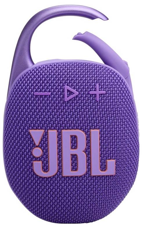 Ein lila tragbarer Lautsprecher mit einer Schlaufe zur Befestigung, versehen mit Bedienungstasten für Lautstärke und Wiedergabe/Pause. Das 'JBL' Logo ist sichtbar.