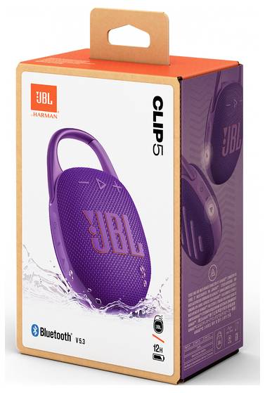 Verpackung eines lila JBL Clip 5 tragbaren Bluetooth-Lautsprechers mit Symbol für 12-Stunden-Akkulaufzeit und wasserdichtem Design auf der Box.