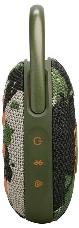 Ein tragbarer Bluetooth-Lautsprecher mit Tarnmuster-Design und grünen Akzenten, ausgestattet mit Macht-, Bluetooth- und Lautstärketasten an der Seite.