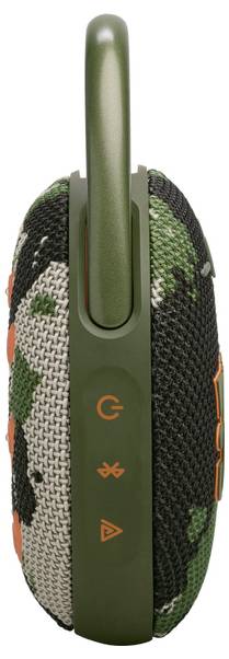 Tragbarer Lautsprecher im Tarndesign mit Energie-, Bluetooth- und Warnungstasten an der Seite, ausgestattet mit einem Haken zum einfachen Tragen.