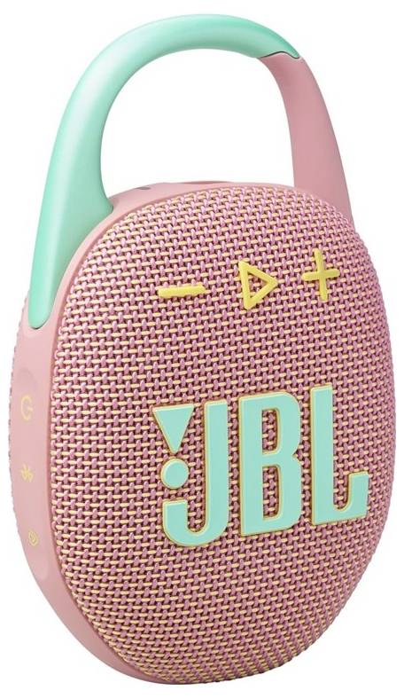 Tragbarer rosa und türkisfarbener JBL Bluetooth-Lautsprecher mit Karabinerhaken, ausgestattet mit Wiedergabekontrolltasten und dem JBL-Logo.