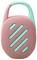 Ein tragbarer Bluetooth-Lautsprecher mit rosa Maschenvorderseite und grünen Akzenten, der eine ovale Form mit einem türkisfarbenen Tragegriff aufweist.