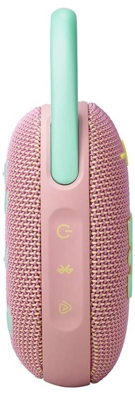 Ein rosa und grüner tragbarer Lautsprecher mit strukturierter Oberfläche und Bedienungstasten an der Seite, mit Power-, Bluetooth- und Wiedergabe-Symbolen.