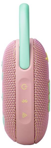 Tragbarer Bluetooth-Lautsprecher mit einem Außengehäuse aus Textilgewebe in Rosa und Aqua-Akzenten, mit auffälligen Bedienungstasten an der Seite.