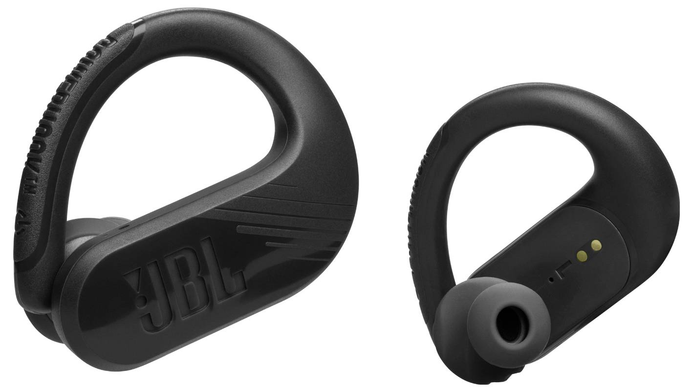 Schwarze kabellose In-Ear-Kopfhörer mit Ohrbügeln, die ein modernes Design und drei Kontaktpunkte zum Laden oder zur Konnektivität aufweisen.