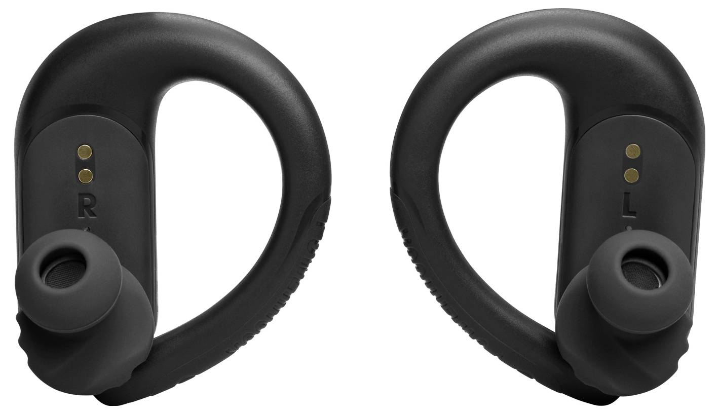 Schwarze kabellose Ohrhörer mit Ohrbügeln, die mit 'R' für rechts und 'L' für links markiert sind, und für einen sicheren Sitz während Aktivitäten entwickelt wurden.