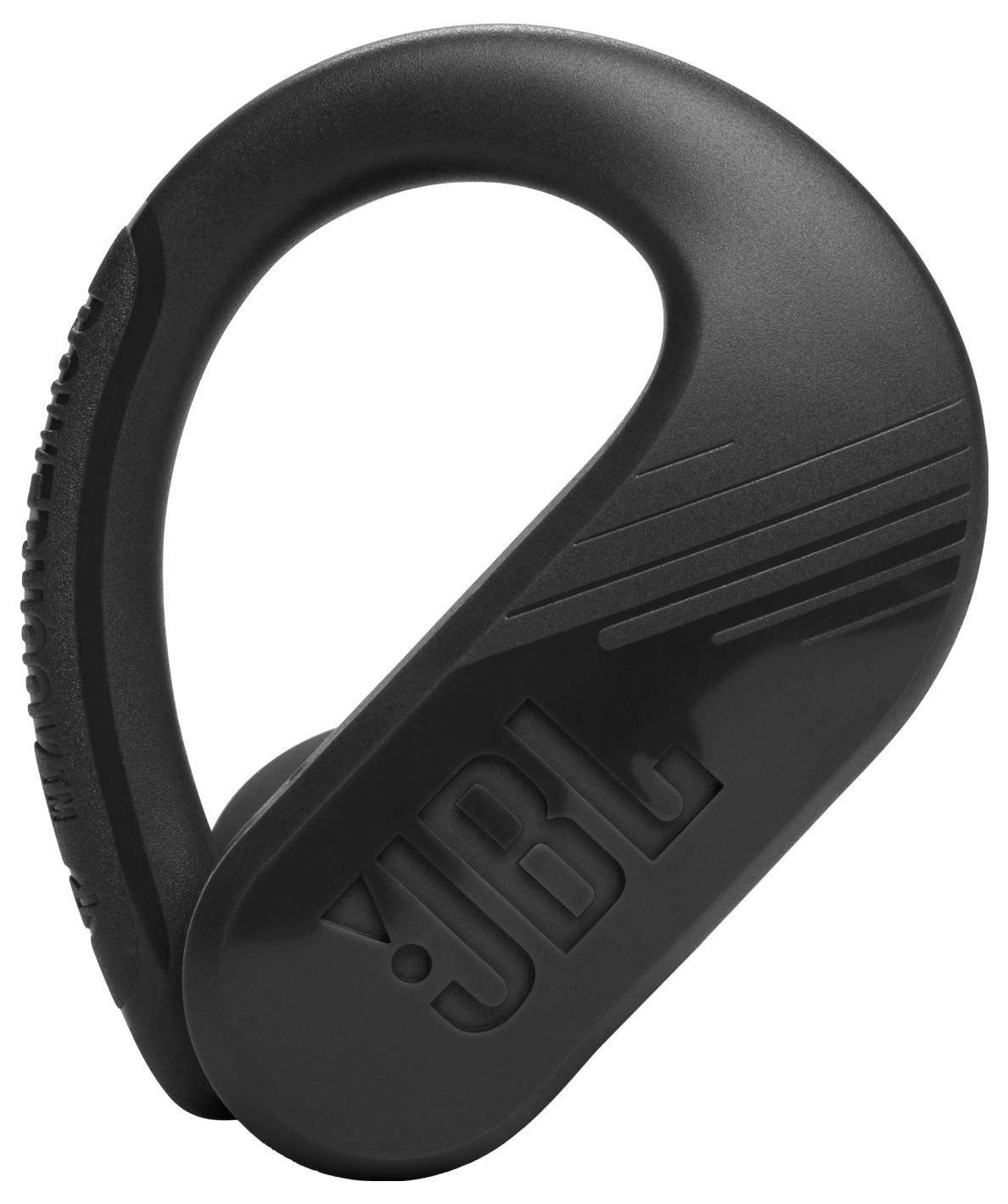 Schwarzer drahtloser Earbud mit einem charakteristischen Haken-Design und JBL-Logo, geeignet für sicheren Halt und aktive Nutzung.