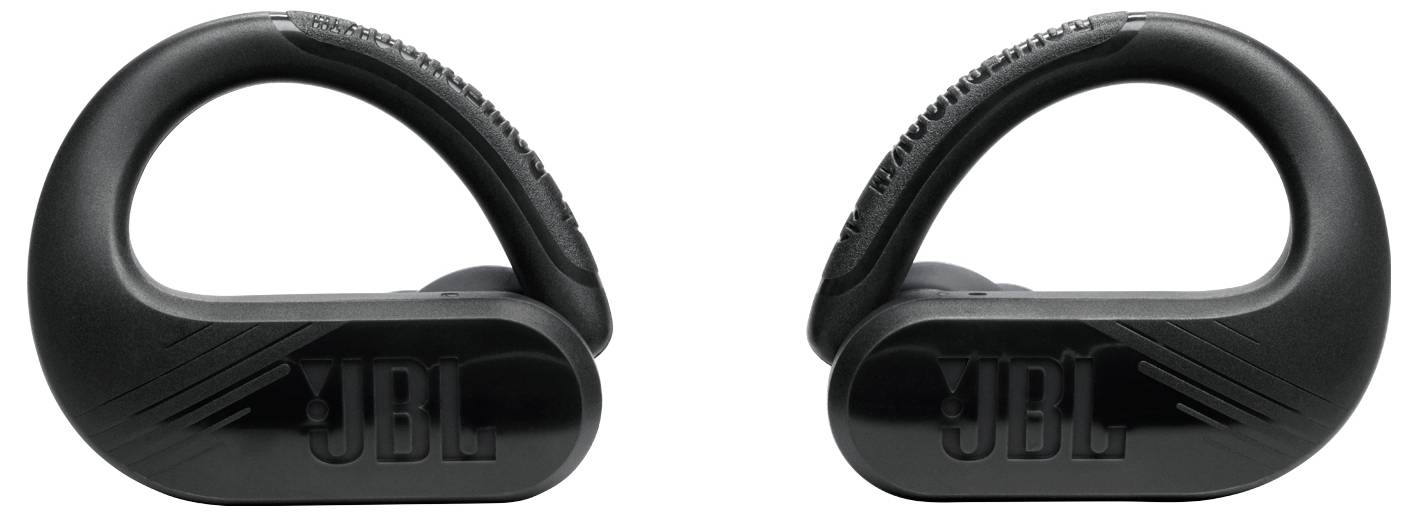 Schwarze JBL-drahtlose Kopfhörer mit Ohrbügeln für einen sicheren Halt, entwickelt für Sport und aktive Nutzung.