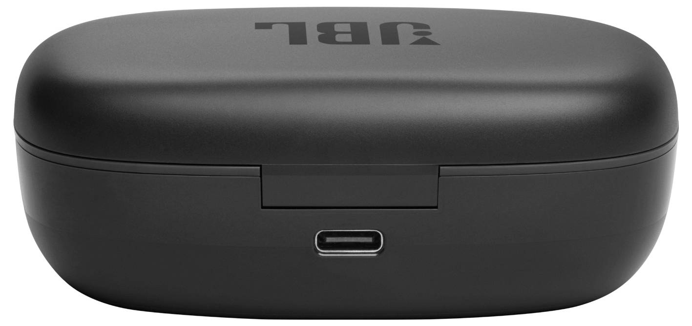 Eine schwarze Ladehülle mit einem USB-C-Anschluss, die ein Logo auf dem Deckel trägt und entwickelt wurde, um kabellose Kopfhörer zu lagern und zu laden.