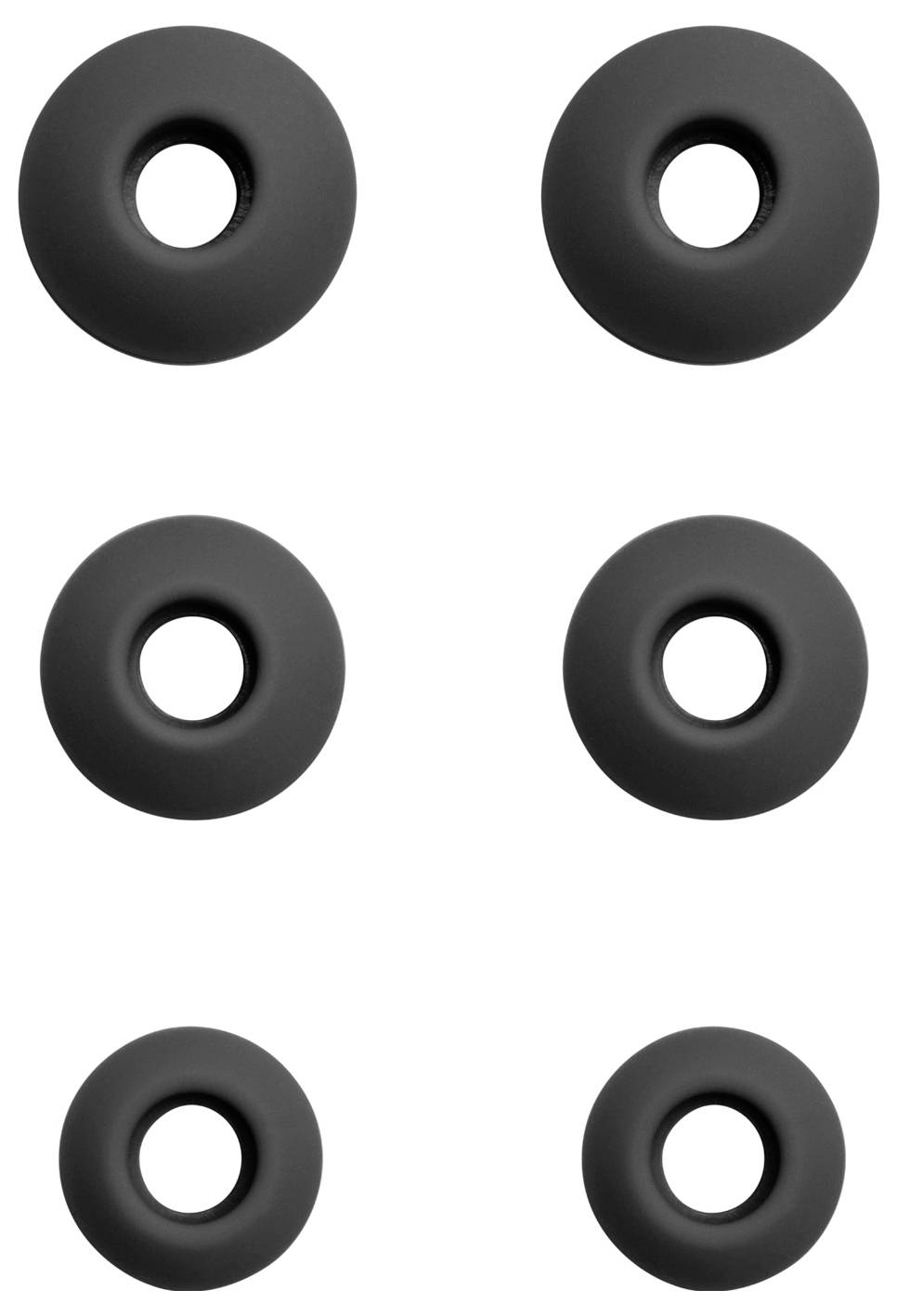 Sechs schwarze Ohrhörerspitzen, in zwei Spalten und drei Reihen auf einem weißen Hintergrund angeordnet, die verschiedene Größen zur Anpassung zeigen.