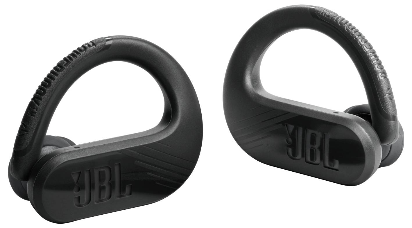 Schwarze kabellose Ohrhörer mit Ohrbügeln, auf deren Seiten das Markenlogo angebracht ist. Entwickelt für einen sicheren Sitz während Sport oder bei aktiver Nutzung.