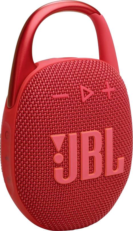 Ein roter tragbarer Bluetooth-Lautsprecher mit einem Karabiner zum Aufhängen und Bedienungstasten an der Vorderseite, versehen mit dem Logo "JBL".