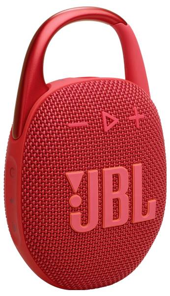 Ein roter JBL Bluetooth-Lautsprecher mit Bedienungstasten auf der Oberseite und einer Schlaufenhalterung für mobile Verwendung.