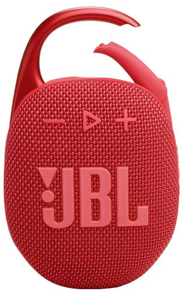 Ein roter Bluetooth-Lautsprecher mit einem Karabinerhaken, ausgestattet mit Tasten für Lautstärkeregelung und Wiedergabe/Pause, und dem 'JBL'-Logo auf der Vorderseite.