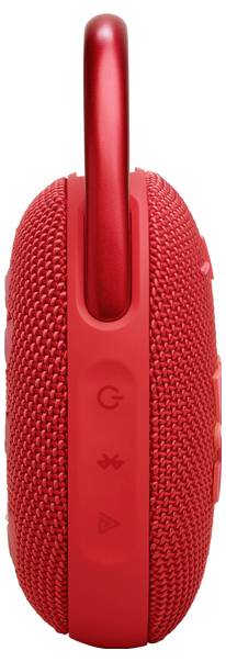 Ein roter tragbarer Bluetooth-Lautsprecher mit einer robusten Netzoberfläche und Bedienungstasten an der Seite, ausgestattet mit einer Schlaufengriff auf der Oberseite.