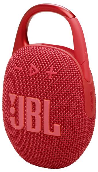 Ein roter tragbarer JBL Bluetooth-Lautsprecher mit einer Karabinerhaken, der Tasten für Ein/Aus, Wiedergabe und Lautstärkesteuerung an der Vorderseite aufweist.