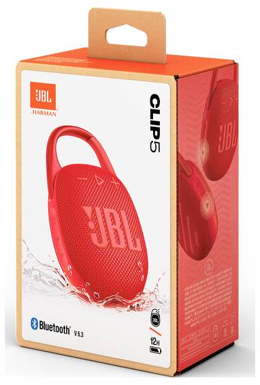 Box mit einem JBL Clip 5 Bluetooth-Lautsprecher in Rot, mit wasserdichtem Design und 12-Stunden-Akkulaufzeit.