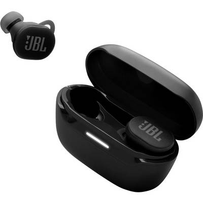JBL-markierte schwarze kabellose Kopfhörer mit Ladeetui; ein Kopfhörer ist außerhalb des Etuis platziert, um sein Design hervorzuheben.