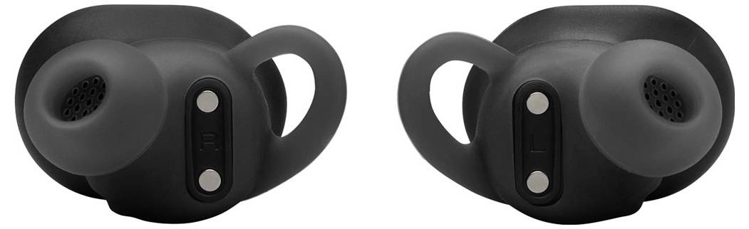 Schwarze kabellose Ohrhörer mit Ohrbügeln, von der Seite betrachtet. Die Ohrhörer haben kleine Perforationen für den Ton und Tasten zur Steuerung.