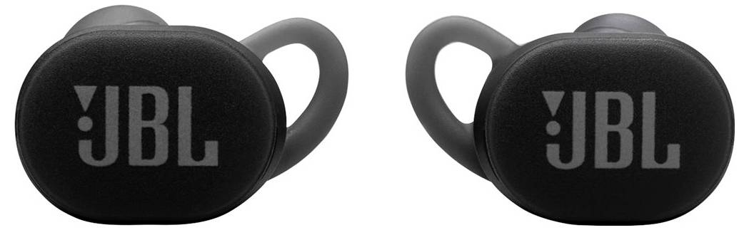 Schwarze kabellose JBL-Ohrhörer mit JBL-Logo, für die Nutzung im Ohr entwickelt.