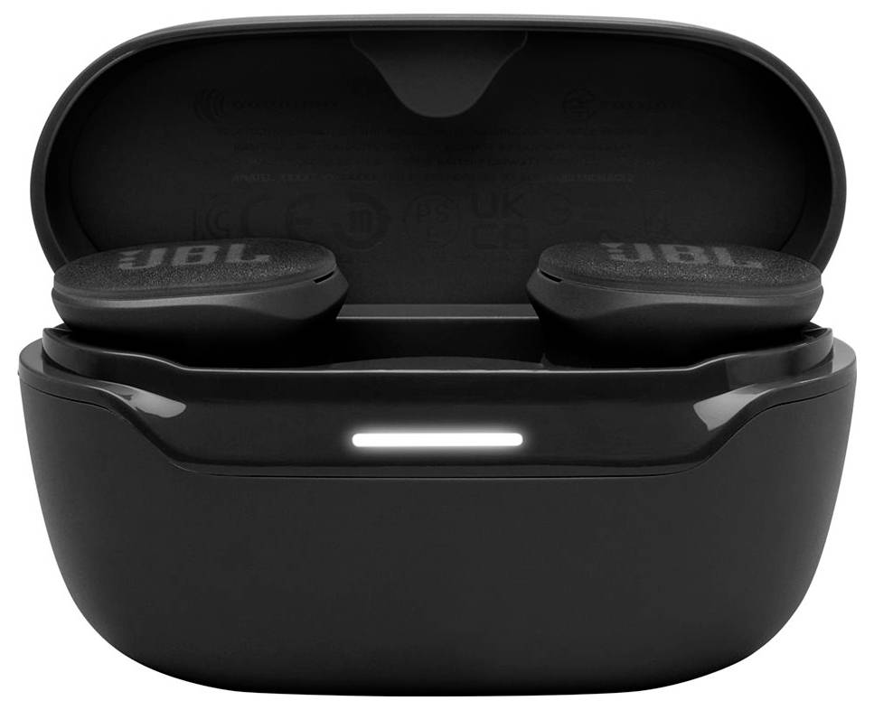 Schwarze kabellose Ohrhörer, die in einem geöffneten Ladeetui platziert sind, mit sichtbarem LED-Indikator, der den Ladestatus anzeigt.