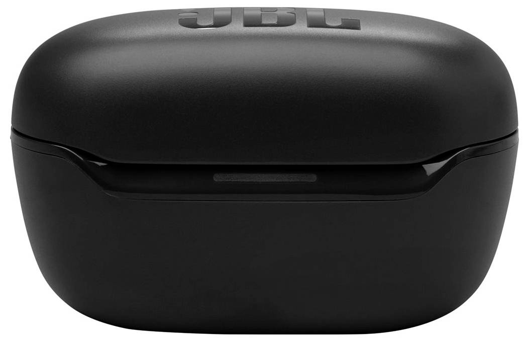 Eine schwarze JBL Ohrhörertasche mit einem glatten, kompakten Design und dem JBL-Logo, das oben eingeprägt ist.