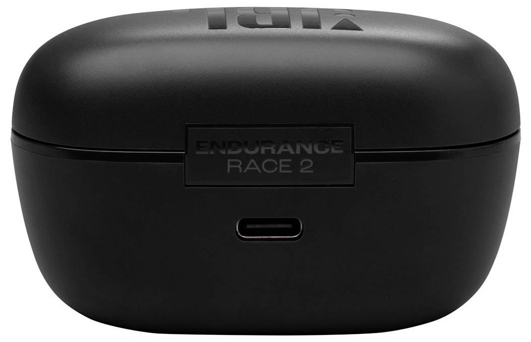 Schwarze Ladehülle mit der Aufschrift "Endurance Race 2" für In-Ear-Kopfhörer, von vorne gezeigt, mit einem USB-C-Anschluss unterhalb der Beschriftung.