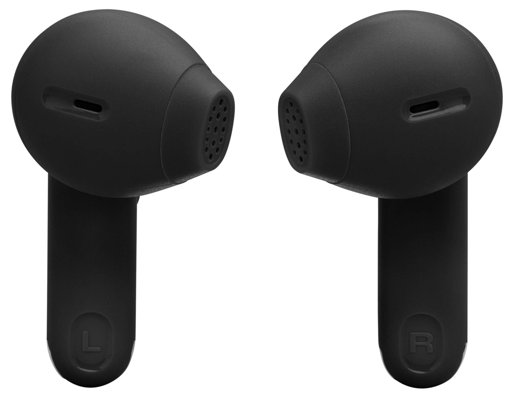 Schwarze kabellose Ohrhörer mit den Bezeichnungen L und R, die links bzw. rechts kennzeichnen.