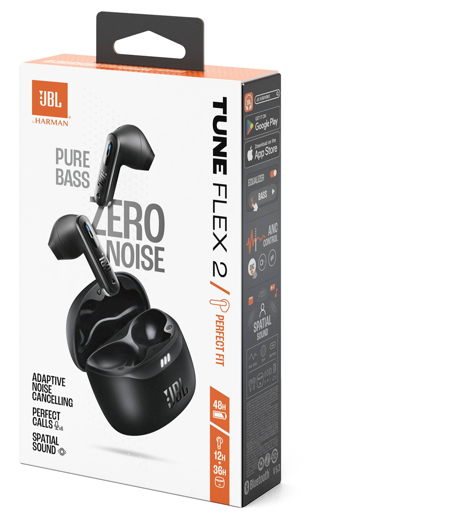 JBL Tune Flex kabellose Ohrhörer Verpackung mit Produktabbildung, Funktionen wie adaptiver Noise-Cancelling, 48h Akkulaufzeit und Unterstützung für Sprachassistenten.