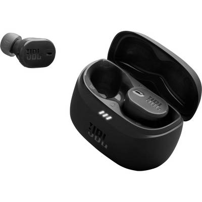 Schwarze kabellose Ohrhörer mit Ladeetui, versehen mit dem JBL-Logo. Ein Ohrhörer wird separat gezeigt, wobei sein kompaktes Design hervorgehoben wird.