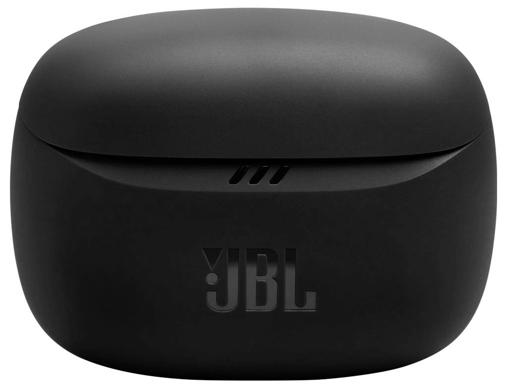 Schwarze JBL-Ohrhörer-Ladeschachtel mit Logo auf der Vorderseite, geschlossener Deckel.