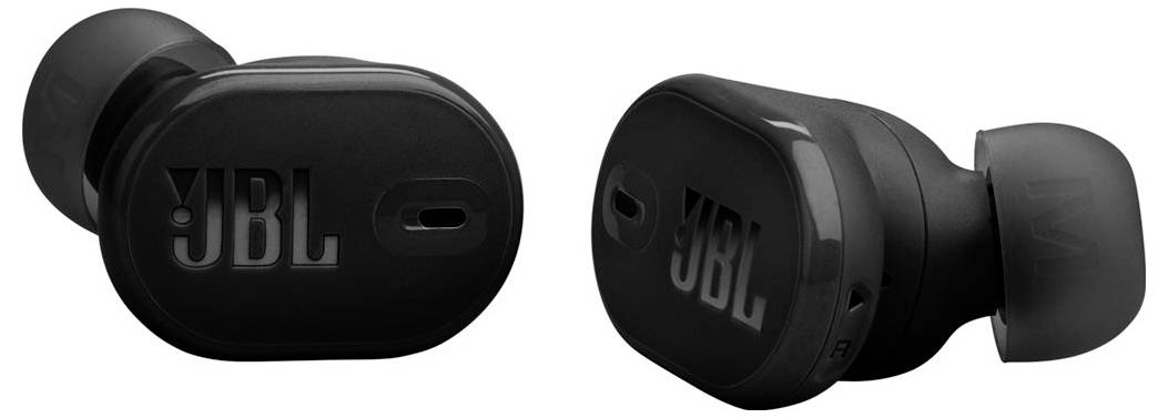 Schwarze JBL-Wireless-Earbuds zeigen das Markenlogo auf der Außenfläche. Die Earbuds erscheinen kompakt mit Silikonohreinsätzen für Komfort.