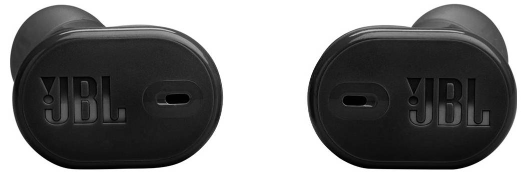 Schwarze JBL-kabellose Ohrhörer mit ovaler Form und kompakter Bauweise, von vorne betrachtet mit sichtbaren Logos.