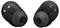 Schwarze kabellose Ohrhörer mit In-Ear-Design, ausgestattet mit kleinen metallischen Kontaktpunkten zum Laden und markierten Spitzen für linkes und rechtes Ohr.