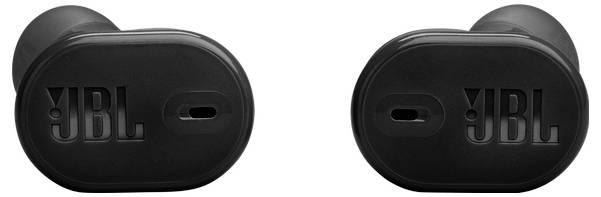 JBL-markierte schwarze kabellose Ohrhörer nebeneinander.