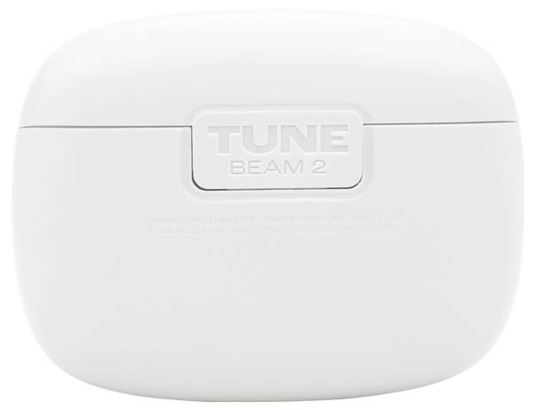 Ein weißes Earbud-Ladeetui mit der Aufschrift 'TUNE BEAM 2' auf dem Deckel geprägt.