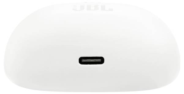 Weiße Ladehülle mit USB-C-Anschluss an der Vorderseite, entwickelt zum Aufbewahren und Aufladen von Ohrhörern.