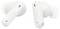 Zwei weiße kabellose Kopfhörer mit elegantem Design, ausgestattet mit kleinen Lautsprechergittern und Markenlogo an den Stängeln, nebeneinander positioniert.