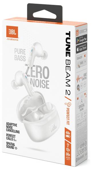 'JBL TUNE BEAM 2' Kopfhörer-Verpackung; betont 'Pure Bass, Zero Noise' und Funktionen wie adaptives Noise-Cancelling und Spatial Sound.