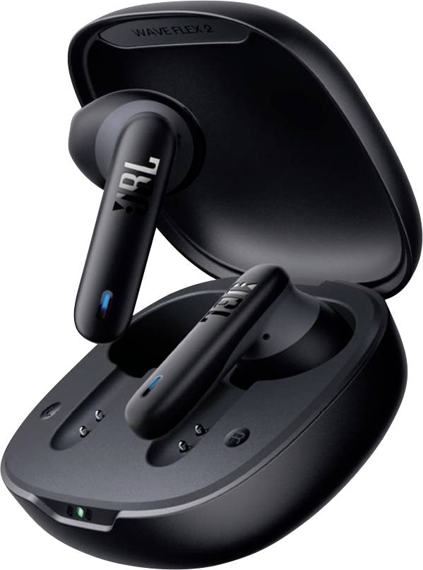 Kabellose Ohrhörer in einem Ladeetui, beschriftet mit 'WAVE FLEX-2' mit einer LED-Anzeige auf dem Etui, eine schlichte, moderne Designlinie präsentierend.