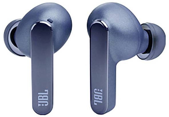 Blaue kabellose Ohrhörer mit 'JBL' Logo an den Seiten, ausgestattet mit einem eleganten Stiel-Design und Silikon-Ohreinsätzen.
